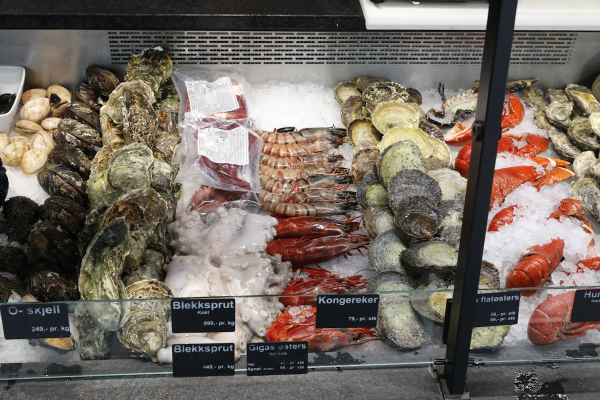 Fresh seafood on display at the Rialto fish market stalls in Venice